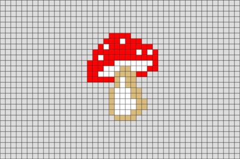 Pixel-art mushroom power-up drawn on a grid